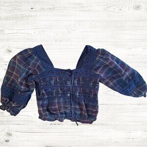 American Eagle Boho BlueRed Plaid Prairie Lace Eyelet Puff Sleeve Crop Top Sz XS